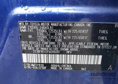 2015 Toyota Rav4 Le from USA, damaged, VIN 2T3BFREV2FW289287